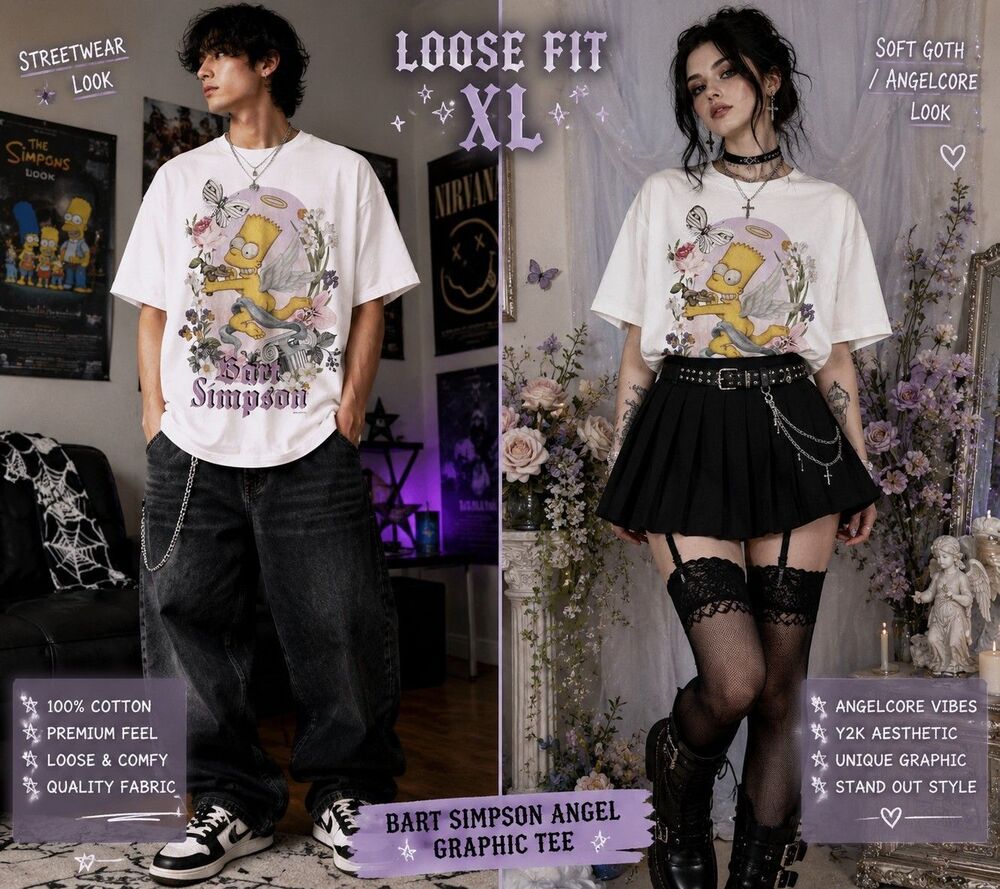 H&M The Simpsons Bart Men Women XL Tee Floral Angelcore Graphic Goth Streetwear